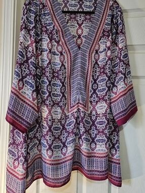 Rose & Olive Pink and Purple Printed Tunic Women's Top 2X 3/4 Sleeve Lightweight